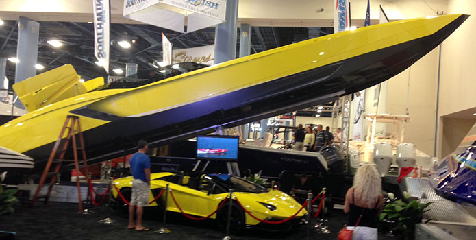 Gino Gargiulo's new 48 MTI is on display at the Miami International Boat Show with the car that inspired the luxurious catamaran.