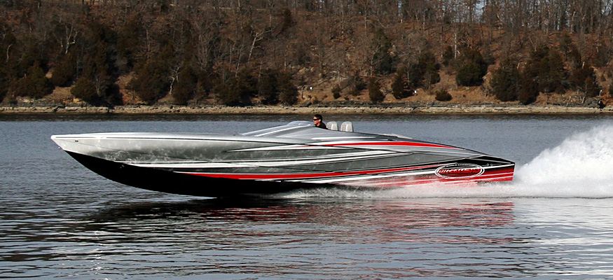 Performance Boat Center's new 36 Super Leggera from Outerlimits Powerboats tops 102 mph with twin Mercury Racing 565 engines.