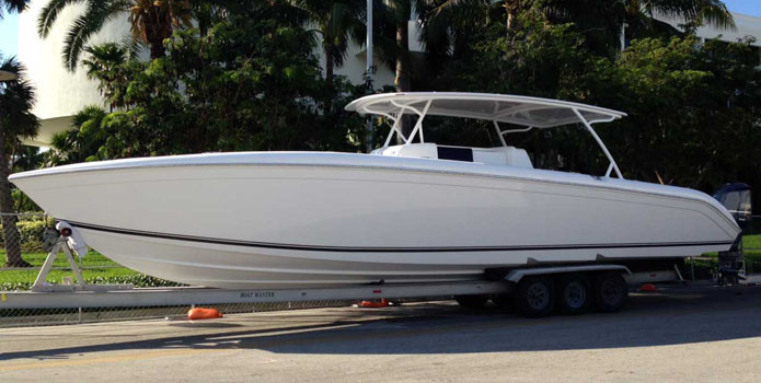 On display outside the Miami Convention Center (booth #3497) the new Powerplay 42-foot center console boats an uncommonly spacious cabin. 
