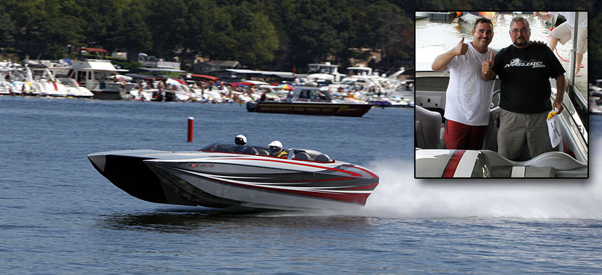 Ivan "Buck" Stracener (inset right) and his friend Louis Marchese (left) ran Stracener's Nordic Boats 28 SS catamaran up to 148 mph at the 2011 Lake of the Ozarks Shootout. Photo by Robert Brown, inset photo by Jason Johnson