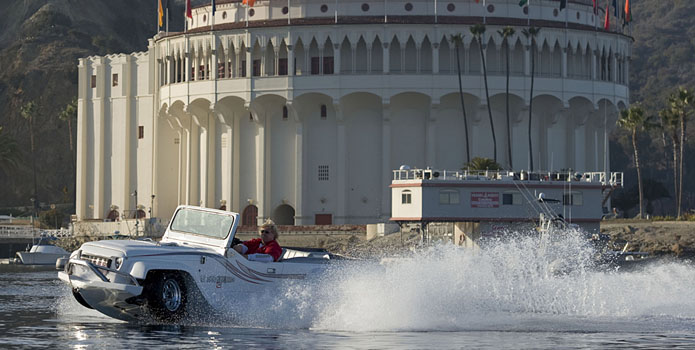 Dave March test drives the newest WaterCar past the Avalon Casino on Catalina Island in January. Photo courtesy Dave March
