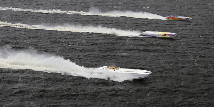 As evidenced by the dark, white-capped water in this great shot of four Skaters running together on the Sunday after the 21st annual Emerald Coast Poker Run, the decision to call off Saturday's run was a good call. Photo courtesy Florida Powerboat Club