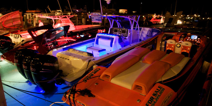 Spectacular as it is during the day, the FPC Key West Poker Run fleet is even better at night. Photo courtesy/copyright Tim Sharkey/Sharkey Images