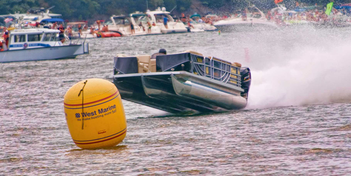 Pontoon boats aren't the most graceful entries in the annual Lake of the Ozarks Shootout, but they can be among the most fun to watch. Photo courtesy/copyright Jay Nichols/Naples Image.