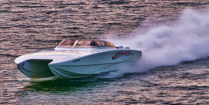 Dressed in plain white, this Skater 388 catamaran managed to capture plenty of attention at last year's Lake of the Ozarks Shootout thanks to its record-setting 177-mph run. Photo courtesy/copyright Jay Nichols/Naples Image.