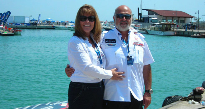 Shown here with his wife, Diane, during an offshore race in Europe, Paul Fiore has returned to Outerlimits—the company his son owns and founded.