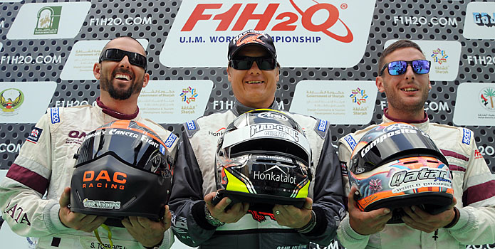 The top three drivers in the F1 H2O points standings (from left to right) include American Shaun Torrente, Finland's Sami Selio and Italy's Alex Carella. Qatar Team teammates Carella and Torrente will start tomorrow's season finale in the first and second spots, respectively. Photo courtesy QMSF