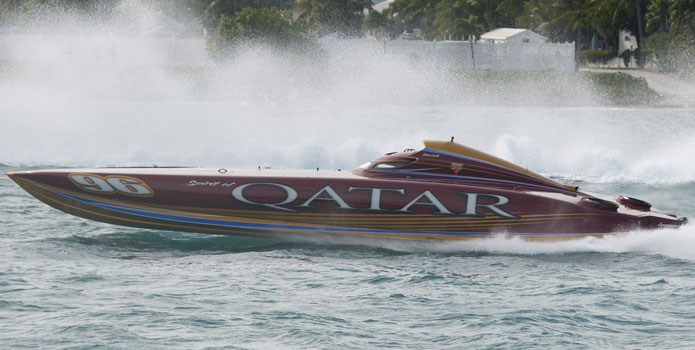 For the 2014 offshore racing season, the Qatar team plans to stick with turbine engines in its 50-foot Mystic cat. Photo courtesy/copyright Andy Neumann/TDC.