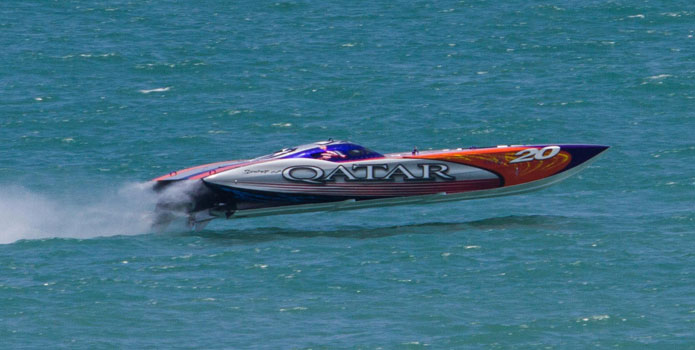 Shown during its debut at the SBI event in Cocoa Beach, Fla., the Spirit of Qatar Superboat-class cat will be joined by the team's turbine raceboat in Sarasota this weekend.