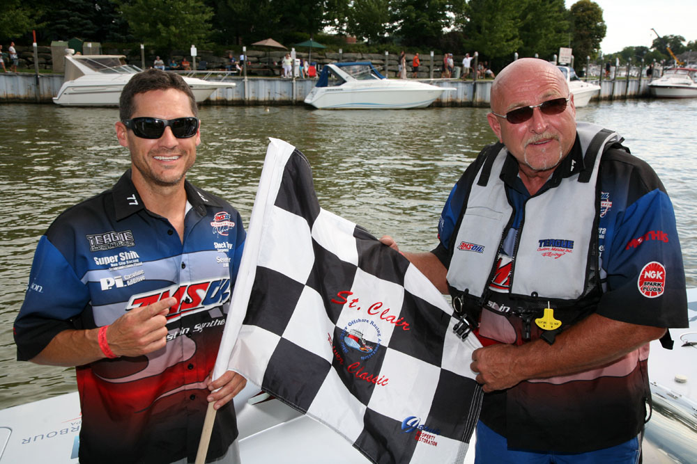 Paul Whittier, left, and Bob Teague were happy to win the checkered flag in again in St. Clair, Mich. Photo by Paul Kemiel/paulkemielphotographics.com