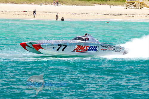 With an unofficial time of 1 hour and 7 minutes, Team Amsoil was the first boat back from the Miami-Bimini Run. Photo courtesy/copyright Tim Sharkey/Sharkey Images.