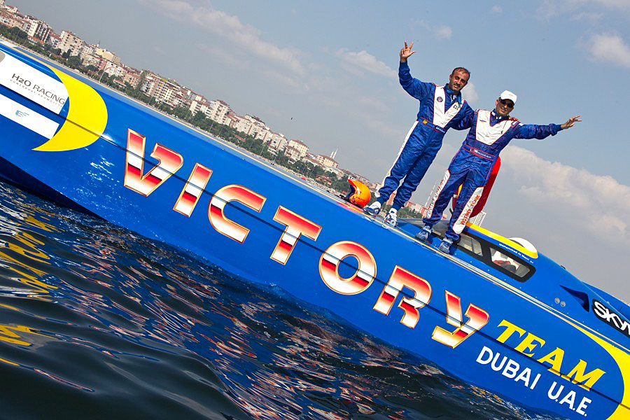 Victory Team's Arif Al Zaffain and Mohammed Al Marri celebrate the win in the second race of the Class 1 event in Instanbul. Photo courtesy Class 1