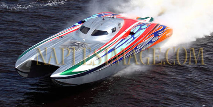 Dale Crighton plans to run twin 1,900-hp engines from Chief Performance in his 43-foot Doug Wright catamaran (shown at the 2010 Jacksonville River Rally Poker Run). Photo by Jay Nichols/Naples Images