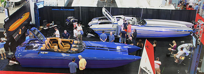 Dave's Custom Boats had its M31 (dark blue) and M35 Widebody catamarans on display in Miami.
