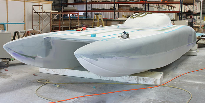 Doug Wright is expecting to finish Gary Ballough's new 32-foot race boat in time for a race in mid-May.
