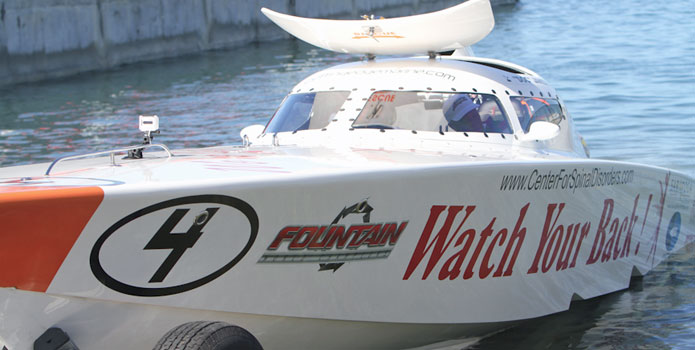 Fountain's latest SVL offshore raceboat will be similar to Watch Your Back (shown here), which the company built for Dr. Michael "Doc" Janssen.