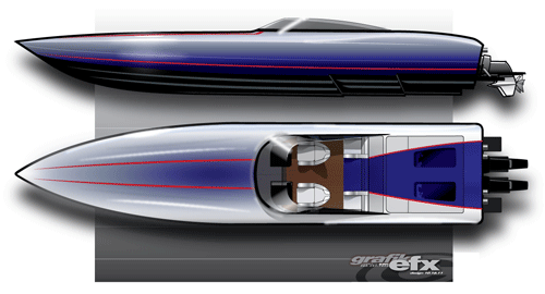 While the color scheme for the GTMM 39' is not final, this rendering does depict the boat's final deck lines and two-step hull.