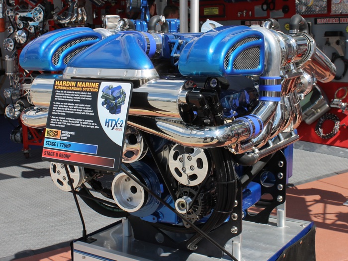 Hardin Marine's turbo kit for Mercury's 525-hp engine was the hottest item in its display.