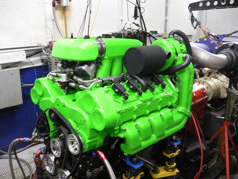 This Hulkin' Green 1350 awaits its turn on a dyno at Mercury Racing's facility.