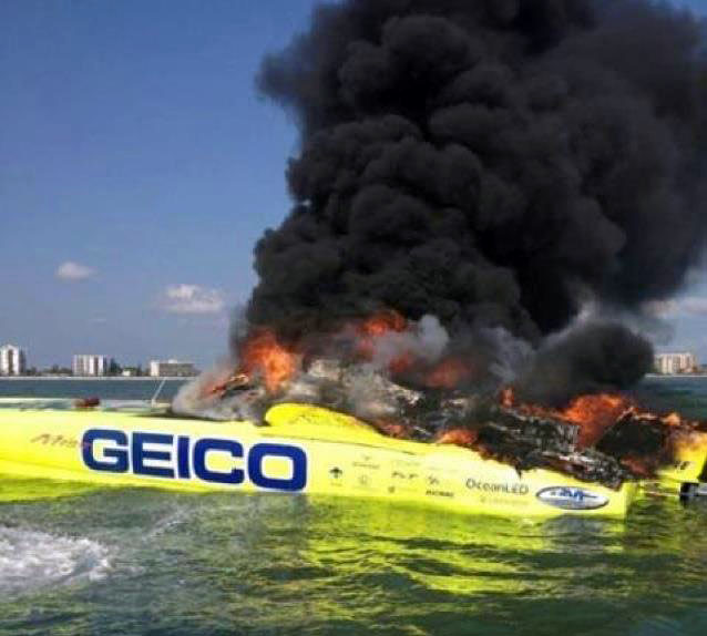 Marc Granet and Scott Begovich were safe despite the Miss GEICO race boat burning to the ground in Sarasota, Fla. Photo courtesy Miss GEICO Racing.