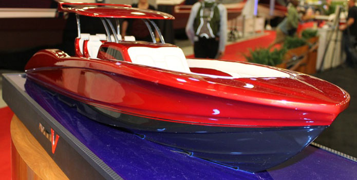 A model of the new SV42 center console from Marine Technology Inc. was on display at the Miami International Boat Show in February.