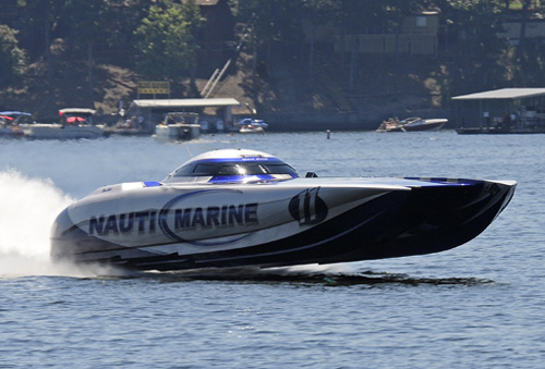Just as My Way did at the 2012 Shootout, Nauti-Marine (show above) experienced a significant discrepancy between its own GPS top speed and the official radar-recorded top speed.