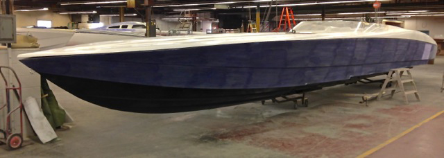 The hull and deck of the first SV50 have been joined. Engine rigging and finish works needs to be completed in time for the boat's debut at the 2013 Miami International Boat Show.