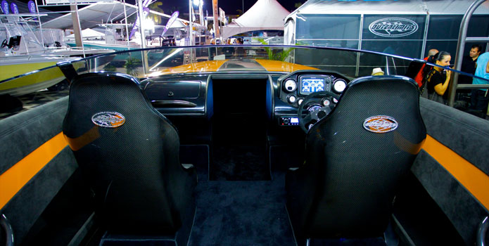 View from the cockpit: The Outerlimits SV29 at the 2012 Miami International Boat Show.