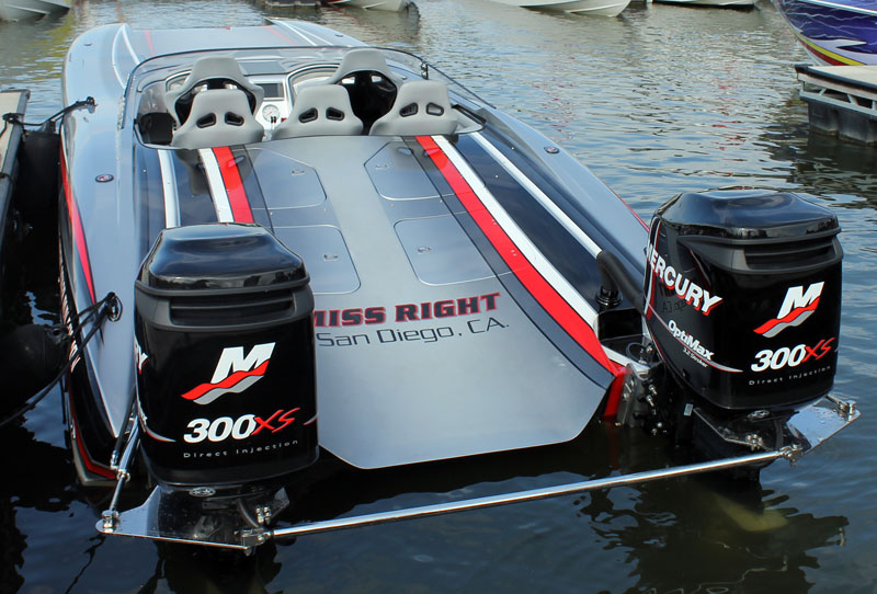 Equipped with twin Mercury OptiMax 300XS outboards, the first 32 Doug Wright Poker Run Edition goes by the name Miss Right. Photo by Jason Johnson