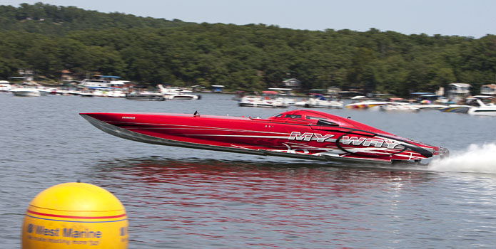 Owner Bill Tomlinson will defend his Lake of the Ozarks Shootout Top Gun title in his 50-foot Mystic catamaran My Way next month. Photo by Robert Brown