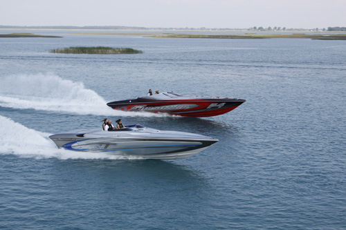 There wll be 36' Sunsations (shown here in the foreground with an F4) in the Emerald Coast Poker Run.