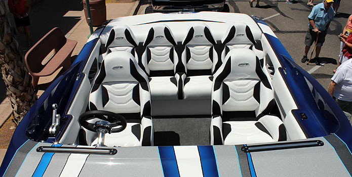 Like many custom creations from Ultra Custom Boats, the six-person seating arrangement in the 27-foot cat featured outstanding upholstery work.