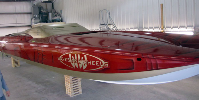 The Waves and Wheels Ironman project boat—a Hustler 377 Talon—is taking shape after getting its exterior paint this week.