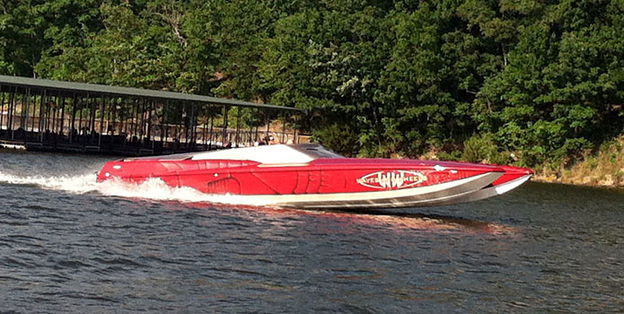 The Ironman-themed Hustler 377 Talon from Waves and Wheels took its maiden voyage last weekend on Lake of the Ozarks.
