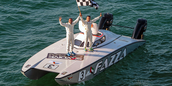 The Fazza team of Arif Al Zaffain and Nadir Bin Hendi celebrate after winning the Dubai Grand Prix to earn the overall XCAT World Series title.