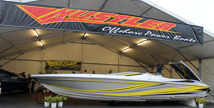 Hustler Powerboats had three breathtaking V-bottoms on display in Miami.