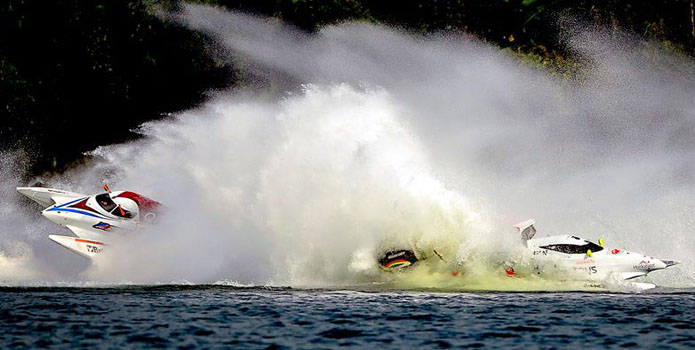 Qatar Team driver Shaun Torrente crashed with Sami Selio of the Mad Croc F1 Team after a restart during the F1H2O Grand Prix of China.